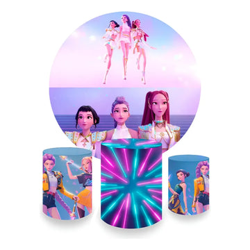 Kit Decoração Guerreiras do K-pop Painel Redondo + 3 Capas Cilindros Neon