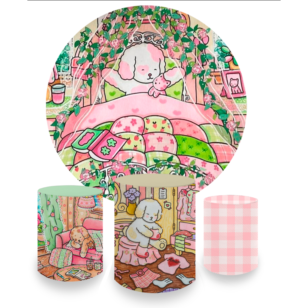 Kit Decoração Bobbie Goods Painel Redondo + 3 Capas Cilindros Infantil