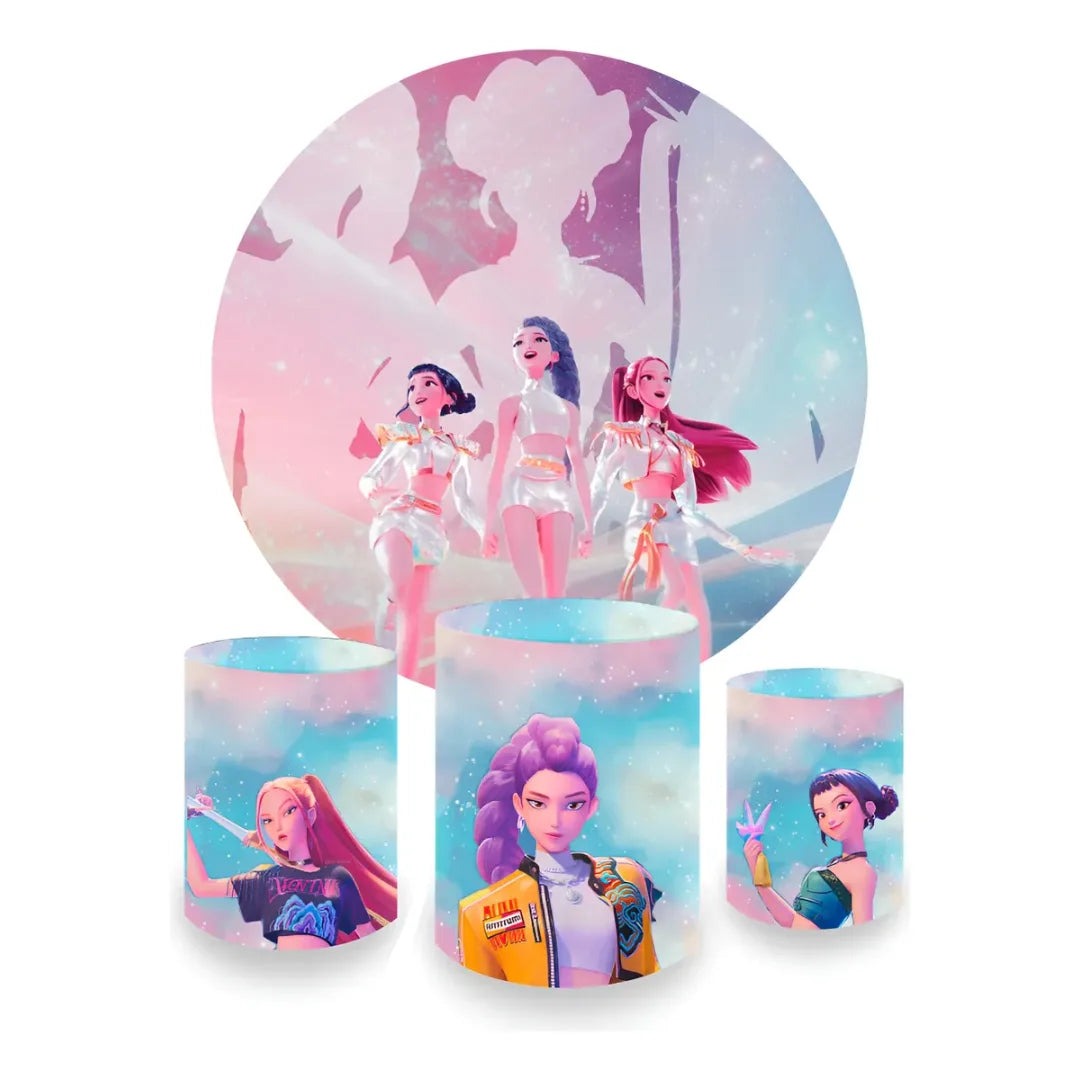 Kit Decoração Guerreiras do K-pop Painel Redondo + 3 Capas Cilindros Neon