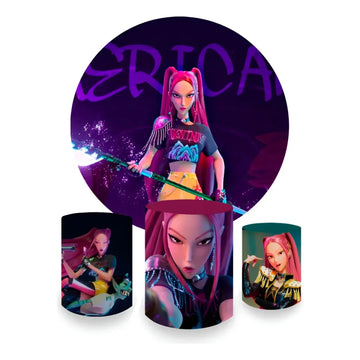 Kit Decoração Guerreiras do K-pop Painel Redondo + 3 Capas Cilindros Neon