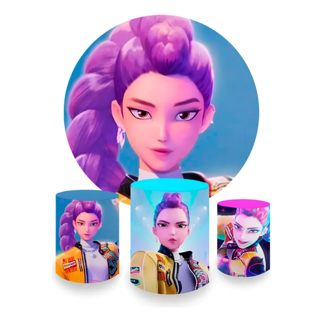 Kit Decoração Guerreiras do K-pop Painel Redondo + 3 Capas Cilindros Neon