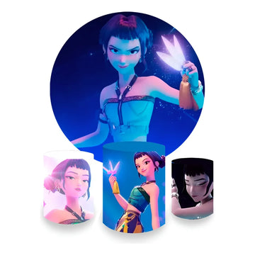 Kit Decoração Guerreiras do K-pop Painel Redondo + 3 Capas Cilindros Neon