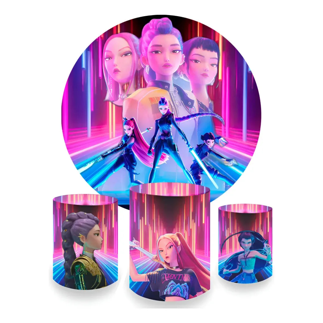 Kit Decoração Guerreiras do K-pop Painel Redondo + 3 Capas Cilindros Neon