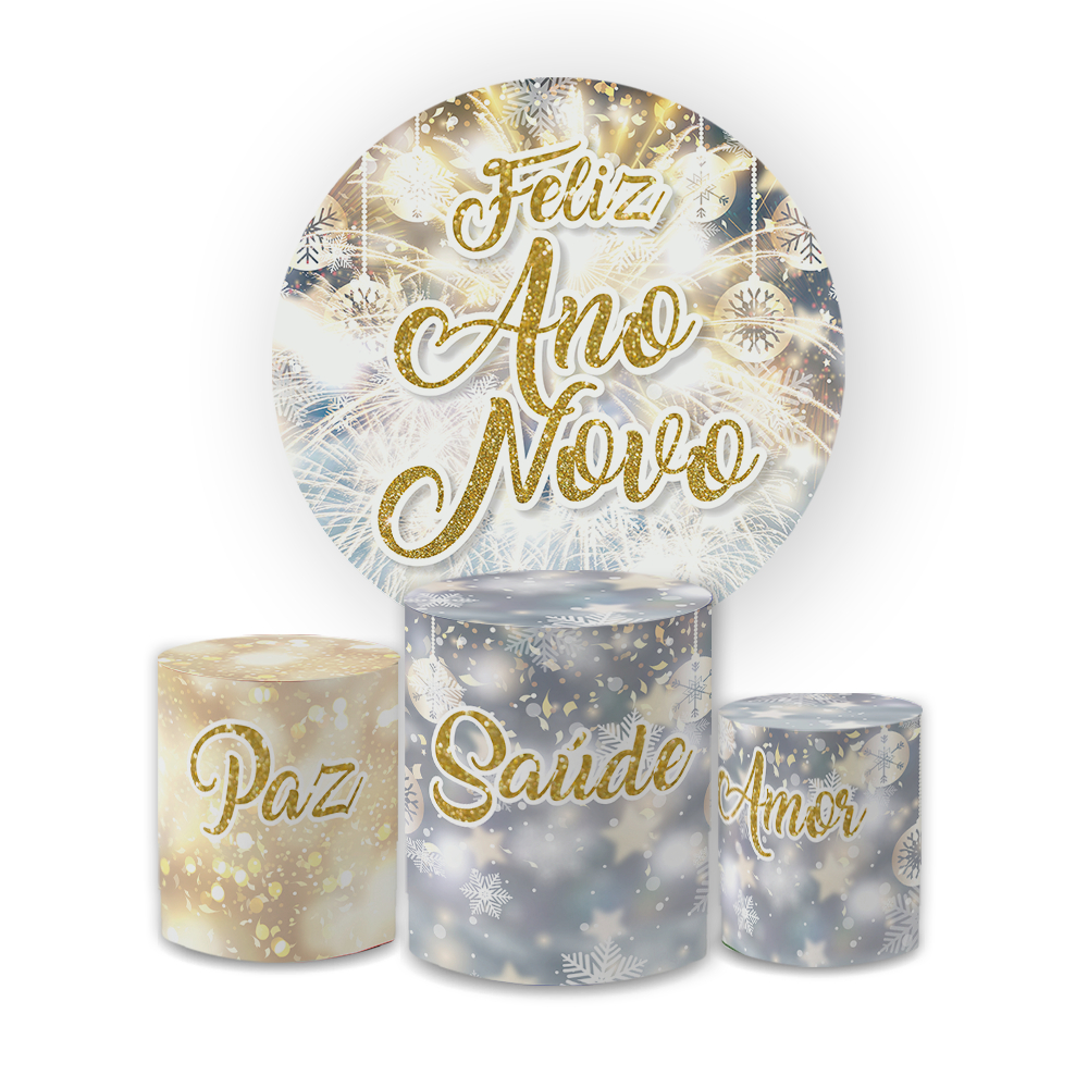 Kit Decoração Ano Novo Painel Redondo + 3 Capas Cilindros