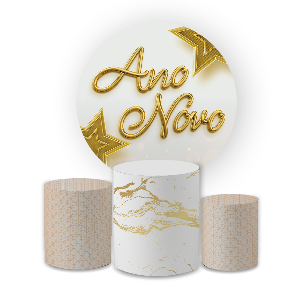 Kit Decoração Ano Novo Painel Redondo + 3 Capas Cilindros