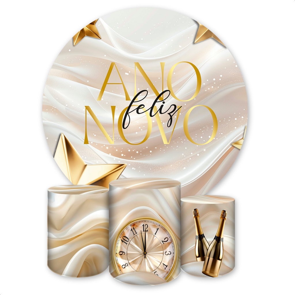 Kit Decoração Ano Novo Painel Redondo + 3 Capas Cilindros