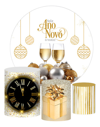 Kit Decoração Ano Novo Painel Redondo + 3 Capas Cilindros