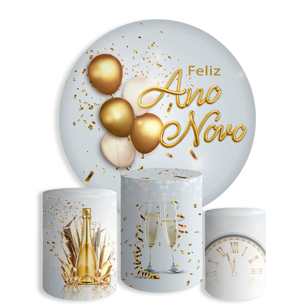 Kit Decoração Ano Novo Painel Redondo + 3 Capas Cilindros