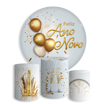 Kit Decoração Ano Novo Painel Redondo + 3 Capas Cilindros
