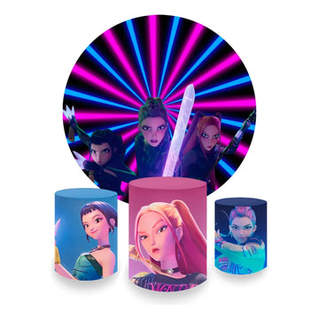 Kit Decoração Guerreiras do K-pop Painel Redondo + 3 Capas Cilindros Neon