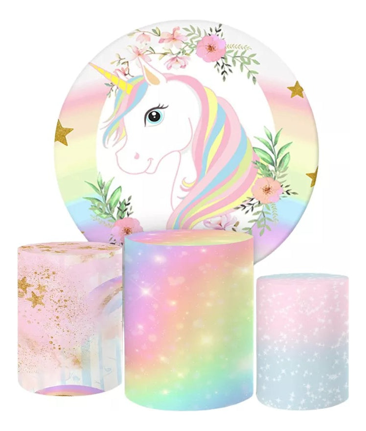 Painel Redondo Trio Cilindros Capas Unicórnio Ref 001 - Azul-celeste