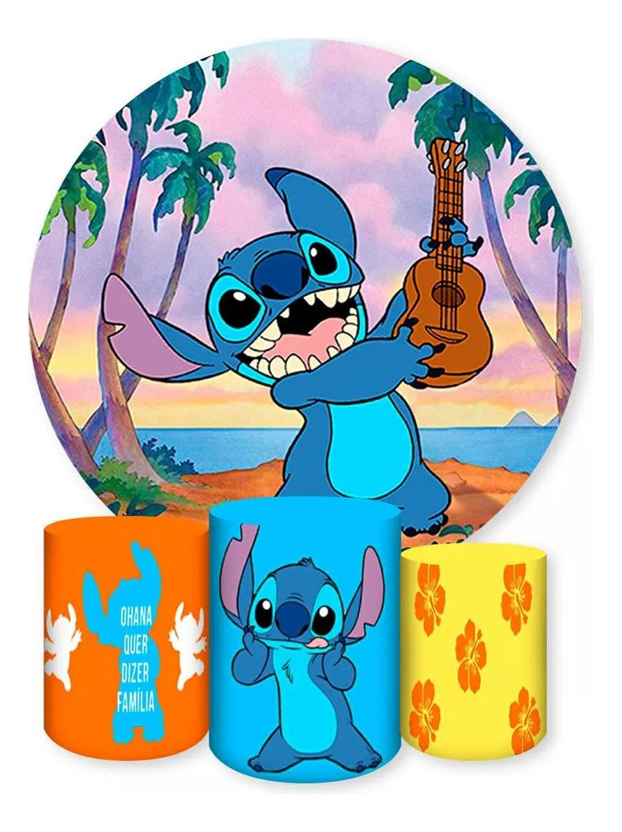 Painel Redondo Trio Cilindros Capas Desenho Stitch - Azul-celeste