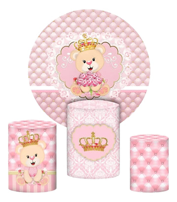 Painel Redondo Trio Cilindros Capas Ursinha Coroa Flores - Coral-claro