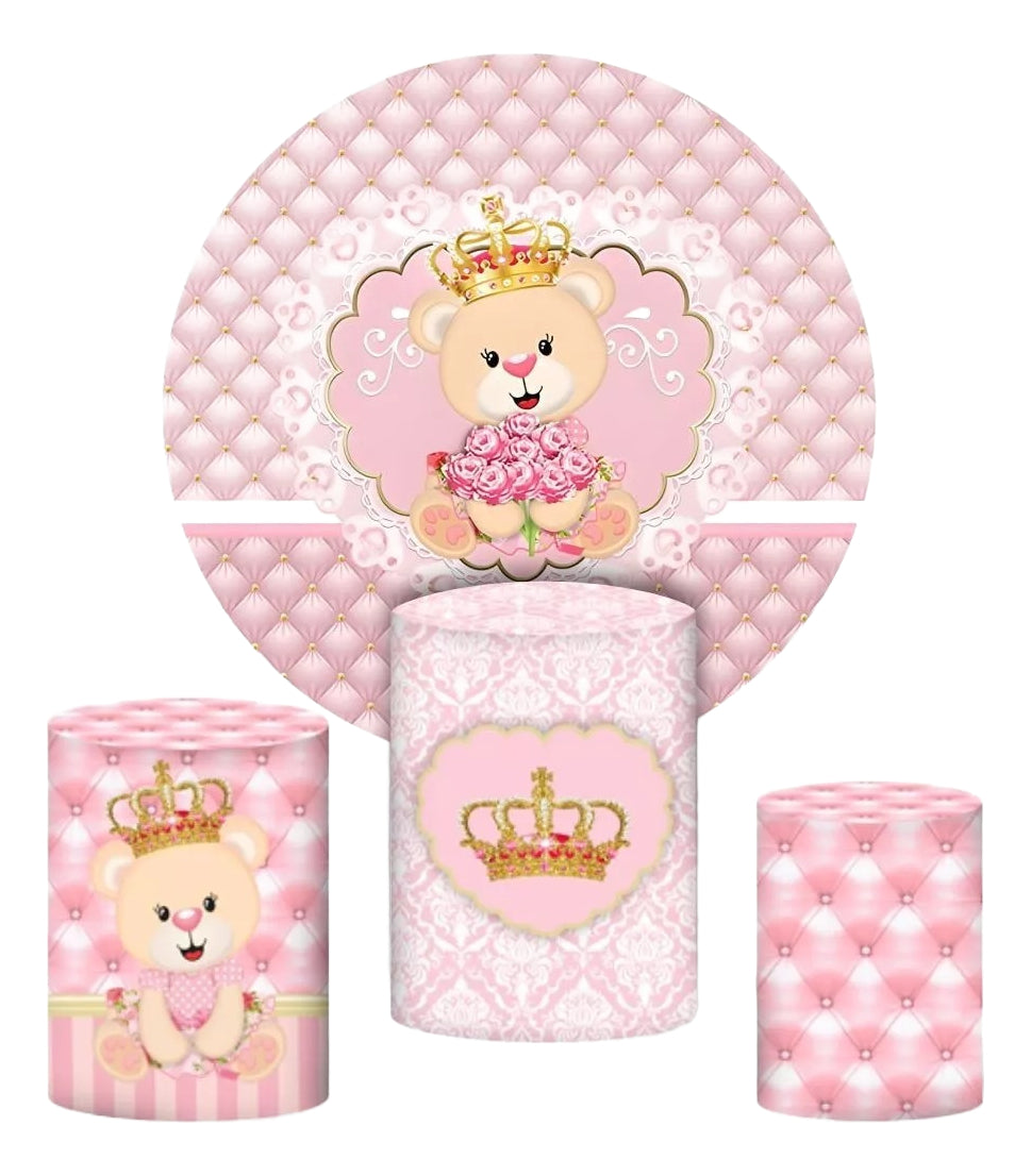 Painel Redondo Trio Cilindros Capas Ursinha Coroa Flores - Coral-claro