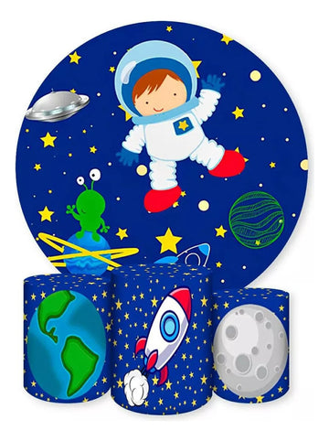 Painel Redondo Trio Cilindros Capas Astronauta Espaço Terra - Branco