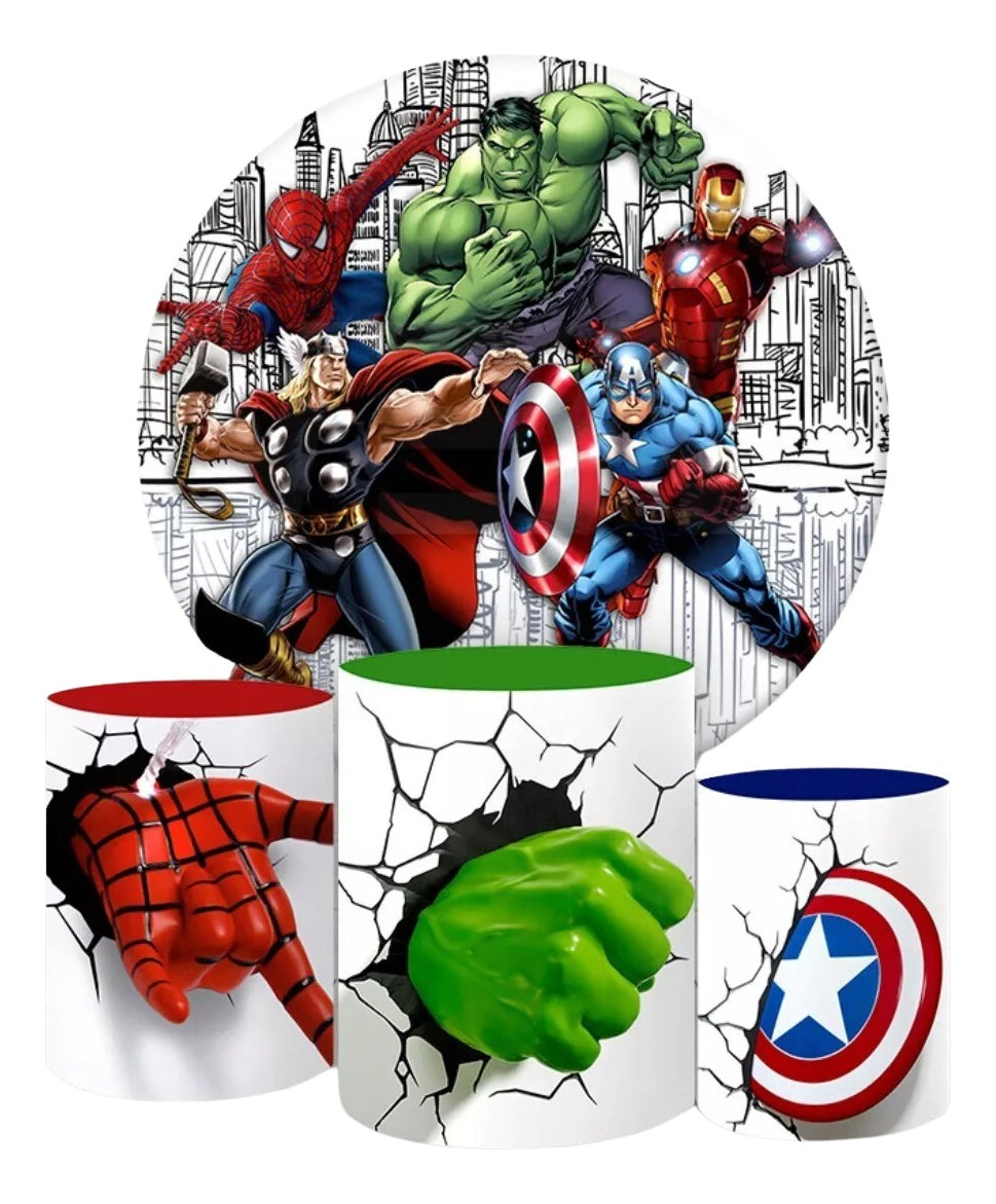 Painel Redondo Trio Cilindros Capas Vingadores Heróis - Branco