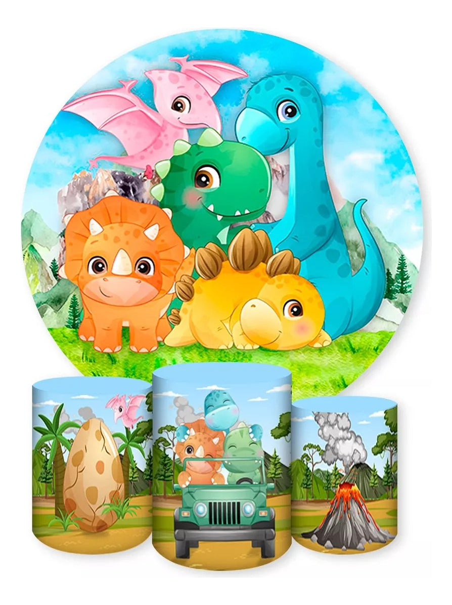 Painel Redondo Trio Cilindros Capas Familia De Dinossauros - Azul-celeste