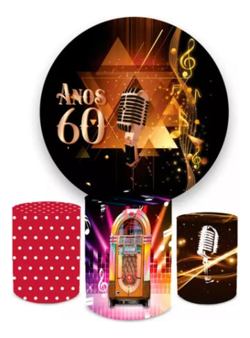 Painel Redondo Trio Cilindros Capas 60 Anos Festa - Preto