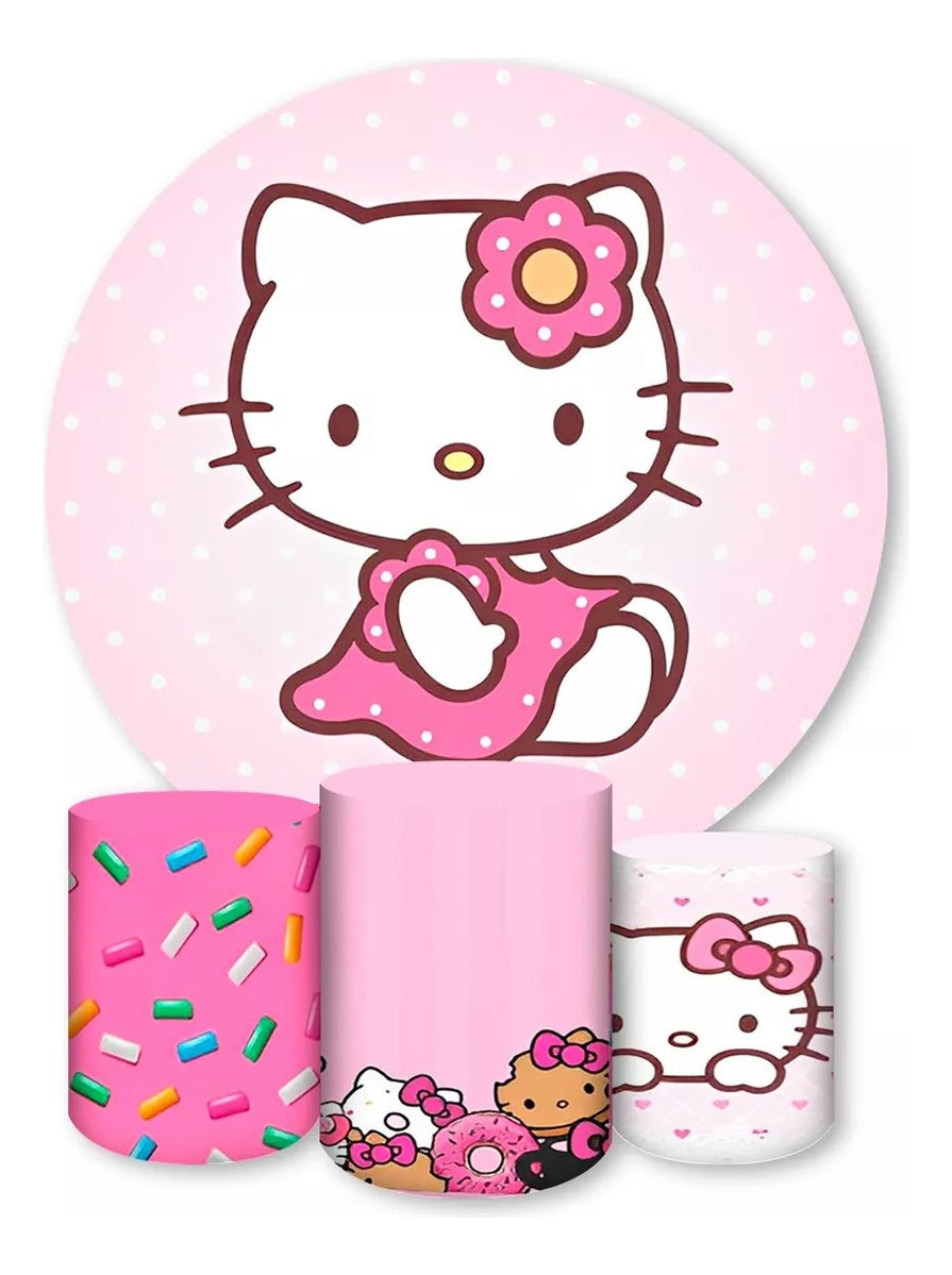 Painel Redondo Trio Cilindros Capas Hello Kitty Desenho 002 - Rosa-claro