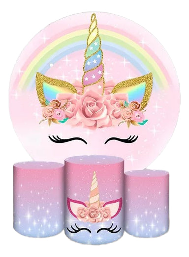 Painel Redondo Trio Cilindros Capas Unicórnio Festa Colorido - Rosa-claro