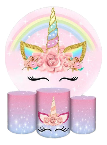 Painel Redondo Trio Cilindros Capas Unicórnio Festa Colorido - Rosa-claro