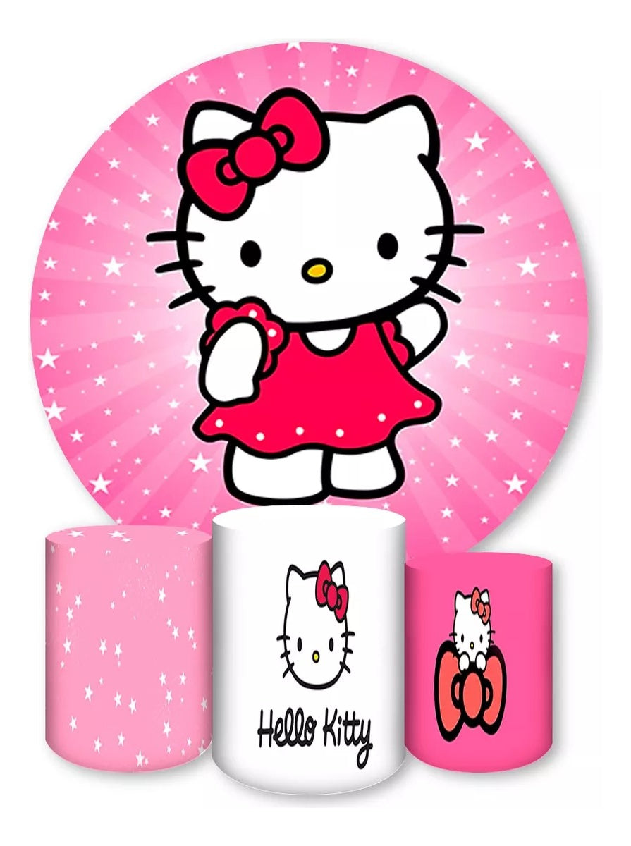 Painel Redondo Trio Cilindros Capas Hello Kitty Desenho - Rosa-chiclete