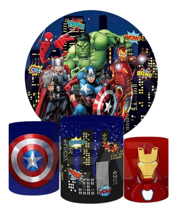 Painel Redondo Trio Cilindros Capas Vingadores Heróis 001 - Azul