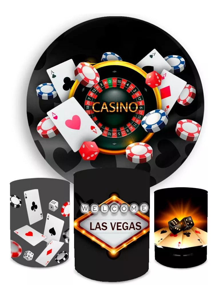 Painel Redondo Trio Cilindros Capas Poker Cassino - Preto