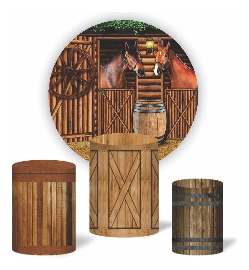 Painel Redondo Trio Cilindros Capas Cavalo Celeiro Fazenda - Marrom