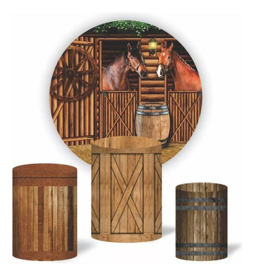 Painel Redondo Trio Cilindros Capas Cavalo Celeiro Fazenda - Marrom