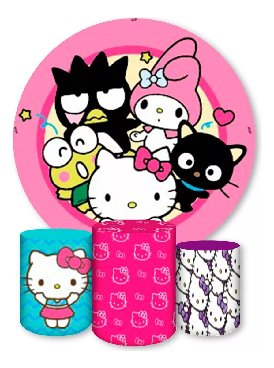 Painel Redondo Trio Cilindros Capas Hello Kitty Desenho 003 - Rosa-chiclete