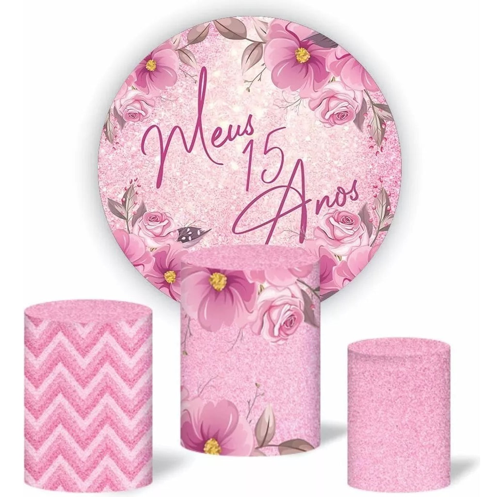 Painel Redondo Trio Cilindros Capas Meus 15 Anos - Rosa