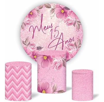 Painel Redondo Trio Cilindros Capas Meus 15 Anos - Rosa