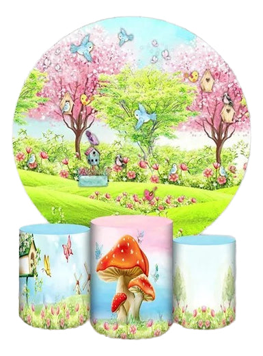 Painel Redondo Trio Cilindros Capas Arvore Floresta Colorida - Azul-celeste