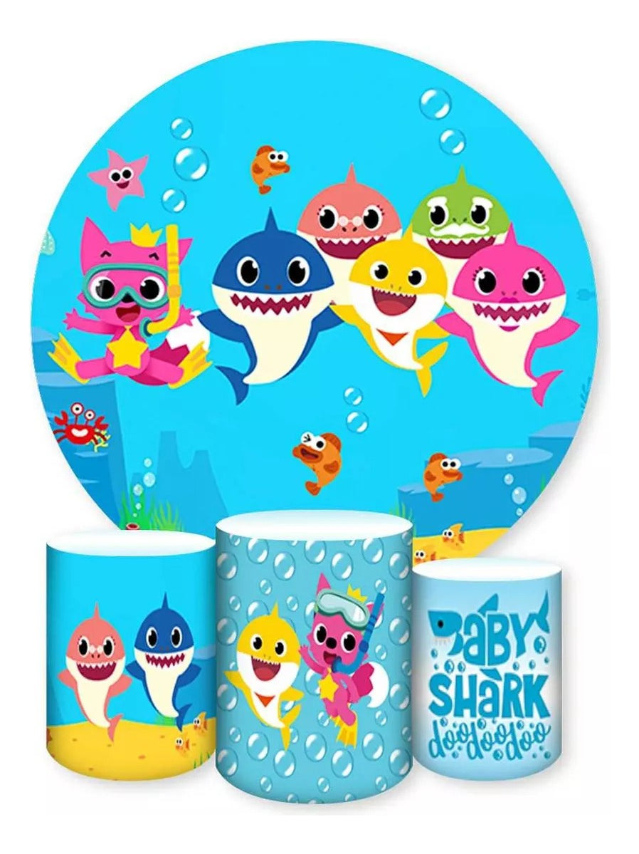 Painel Redondo Trio Cilindros Capas Baby Shark Tubarão 001 - Azul-celeste