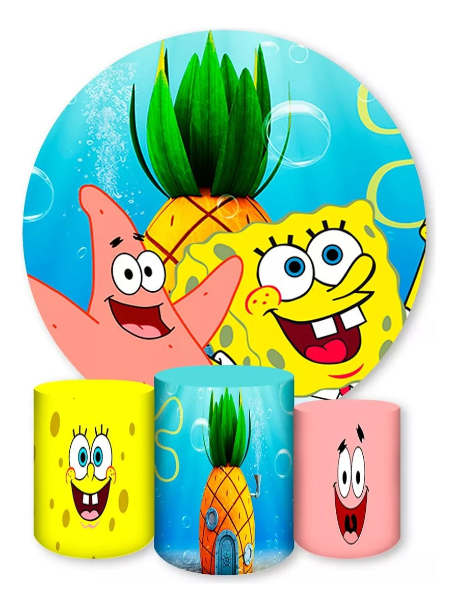 Painel Redondo Trio Cilindros Capas Bob Esponja E Patrick - Azul-aço