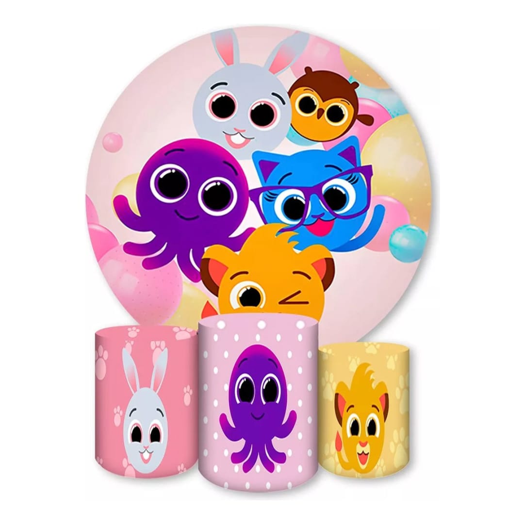 Painel Redondo Trio Cilindros Capas Desenho Bolo Fofo 002 - Rosa