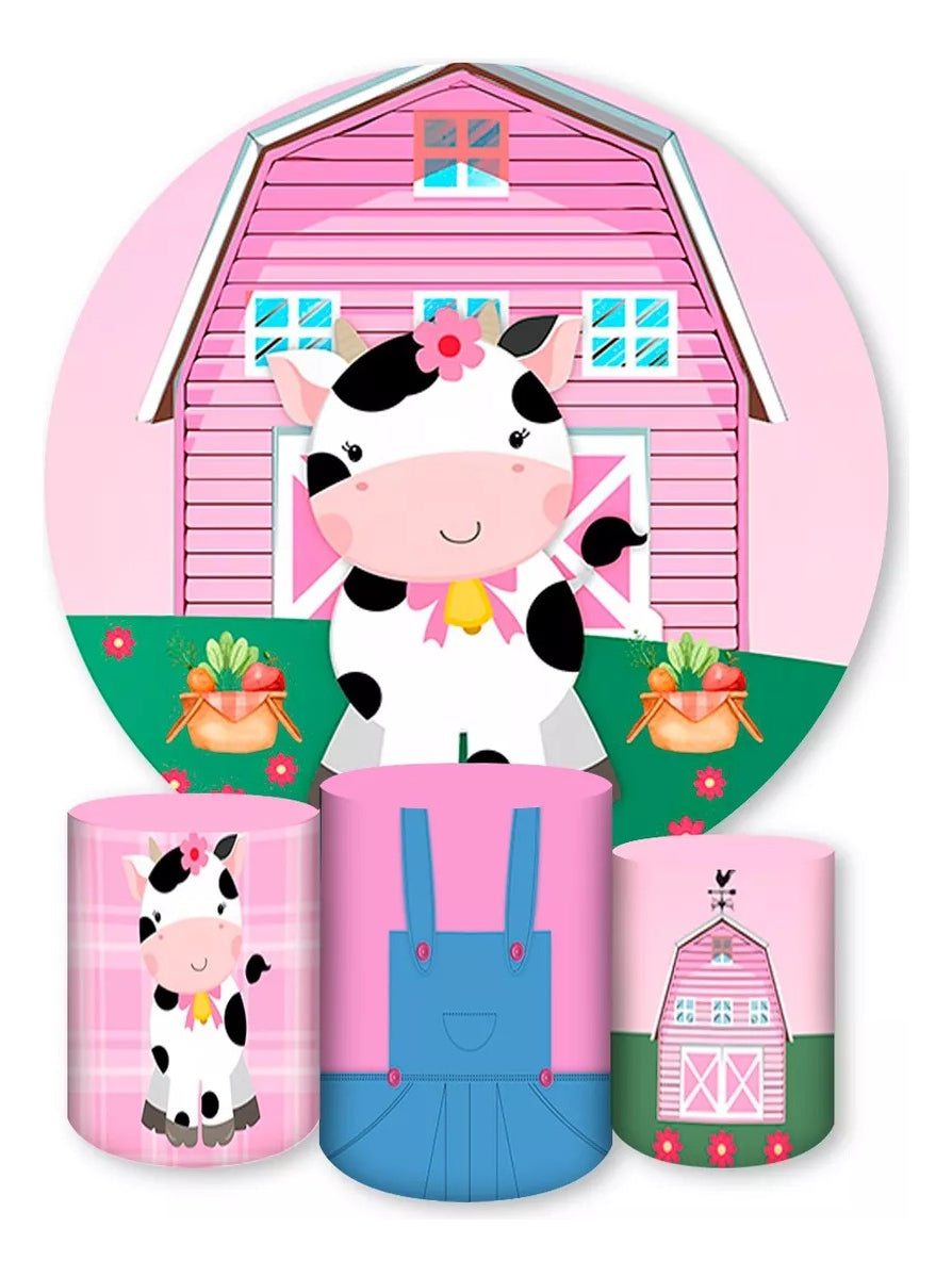 Painel Redondo Trio Cilindros Capas Vaquinha Celeiro Ref 001 - Rosa