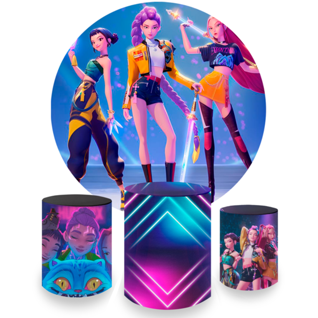 Kit Decoração Guerreiras do K-pop Painel Redondo + 3 Capas Cilindros