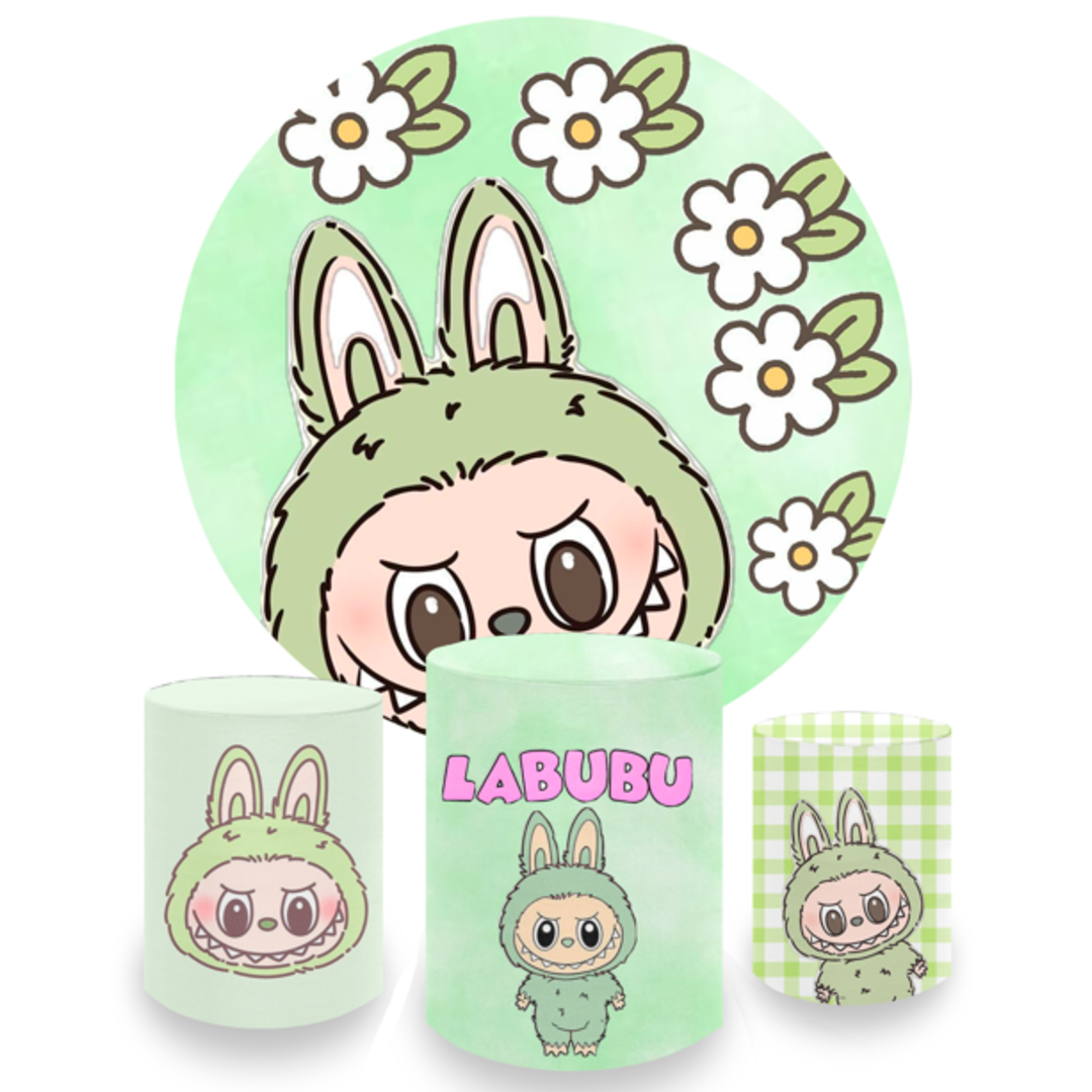 Kit Decoração Labubu Painel Redondo e Capas de Cilindros