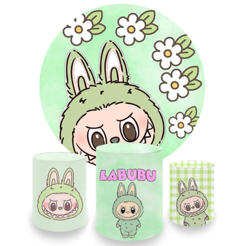 Kit Decoração Labubu Painel Redondo e Capas de Cilindros