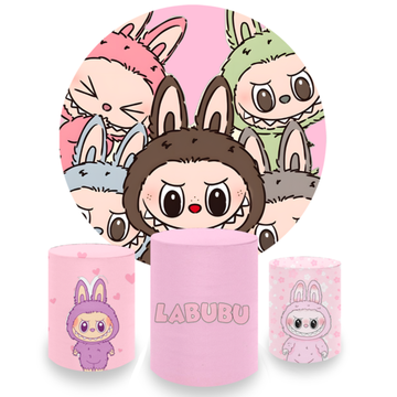 Kit Decoração Labubu Painel Redondo + 3 Capas Cilindros